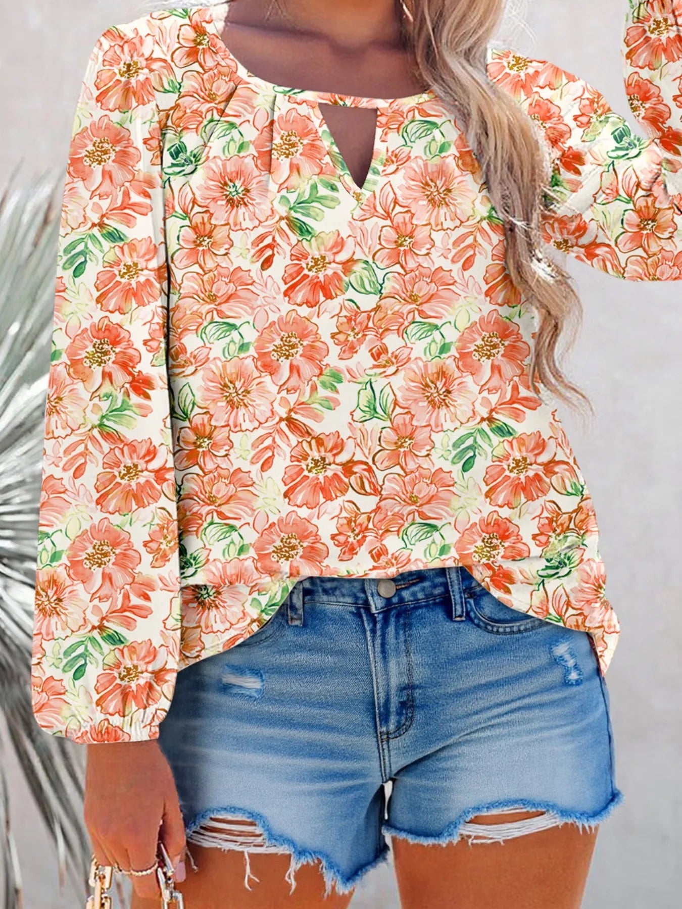 Floral Print Keyhole Neck Blouse OutfitFlow