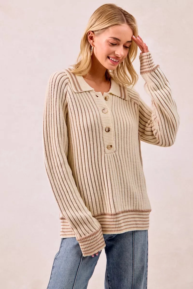 BiBi Half Button Ribbed Two Tone Sweater OutfitFlow