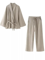 Plus Size Belt Long Sleeve Blazer and Pants Set OutfitFlow