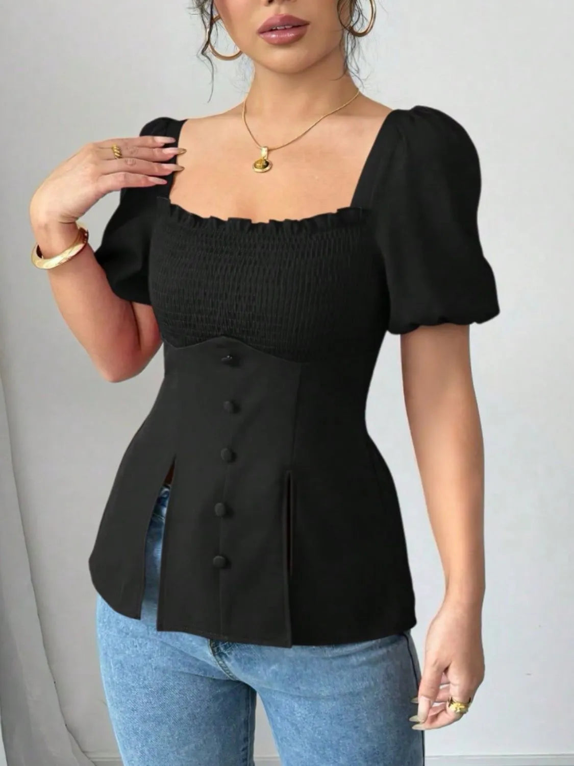 Slit Square Neck Short Sleeve Blouse OutfitFlow