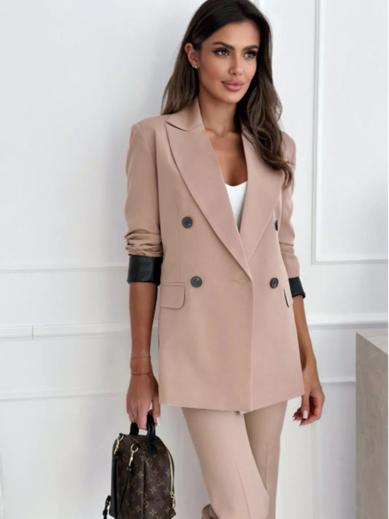 Lapel Collar Long Sleeve Blazer OutfitFlow