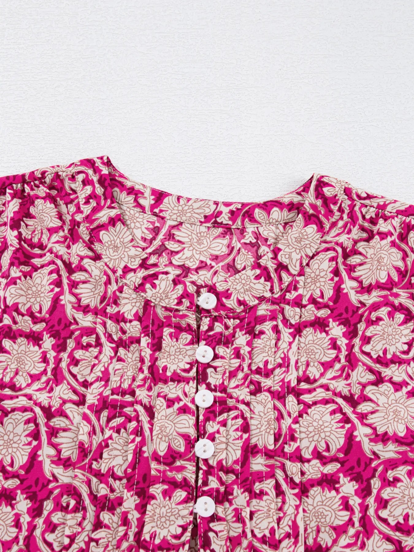 Floral Print Split Neck Pleated Long Sleeve Blouse OutfitFlow