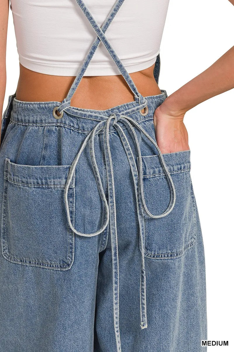 Zenana Denim Medium Washed Wide Leg Overalls Trendsi