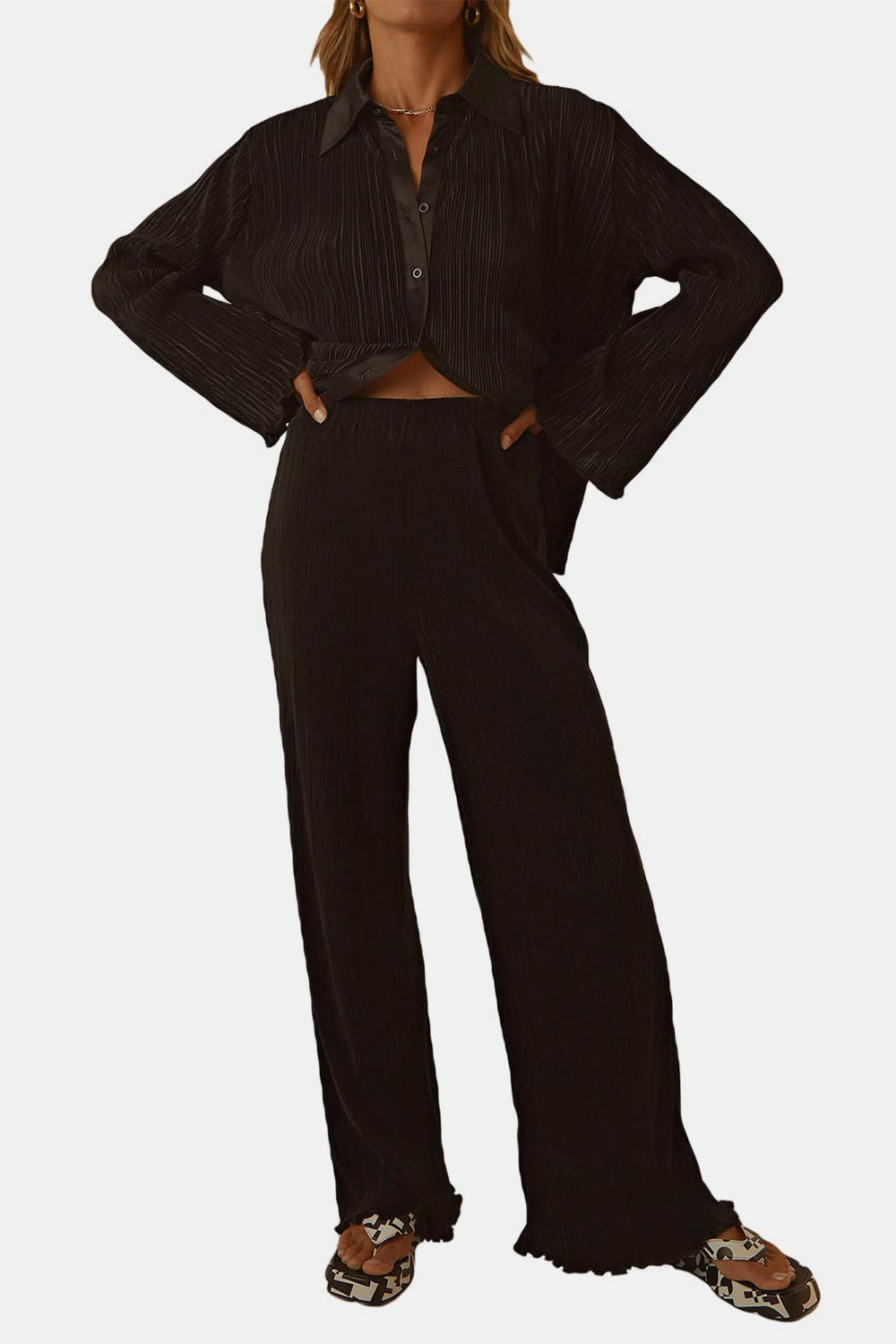 Outfit Flow - Textured Button Up Collared Neck Top and Pants Set