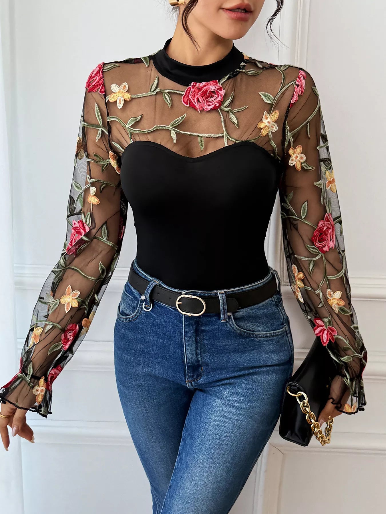 Floral Embroidered Mesh Long Sleeve Bodysuit OutfitFlow
