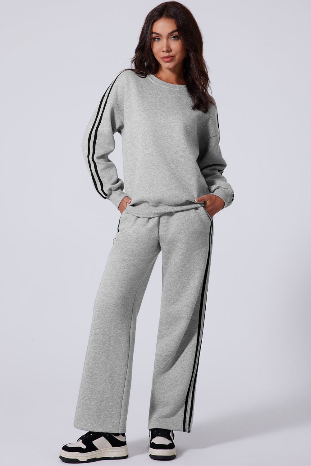 Outfit Flow - Side Striped Round Neck Top and Pants Active Set