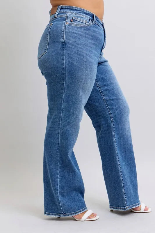 Judy Blue Full Size High Waist V-Front Vintage Wash Straight Jeans Plus Size OutfitFlow