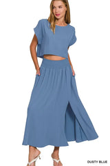 Zenana Woven Crinkle Gauze Crop Tee and Skirt Set OutfitFlow