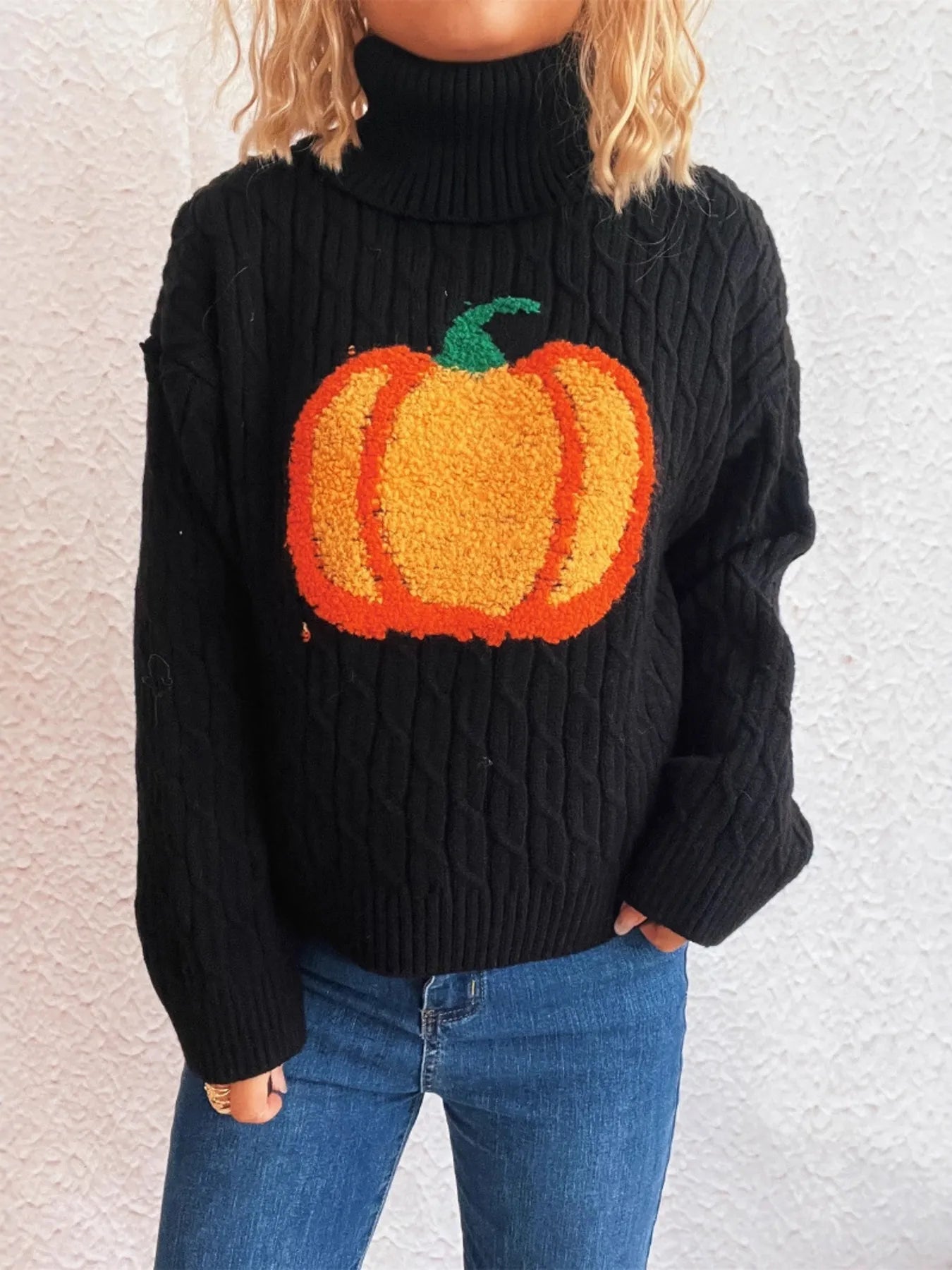 Pumpkin Turtleneck Long Sleeve Sweater Black One Size OutfitFlow