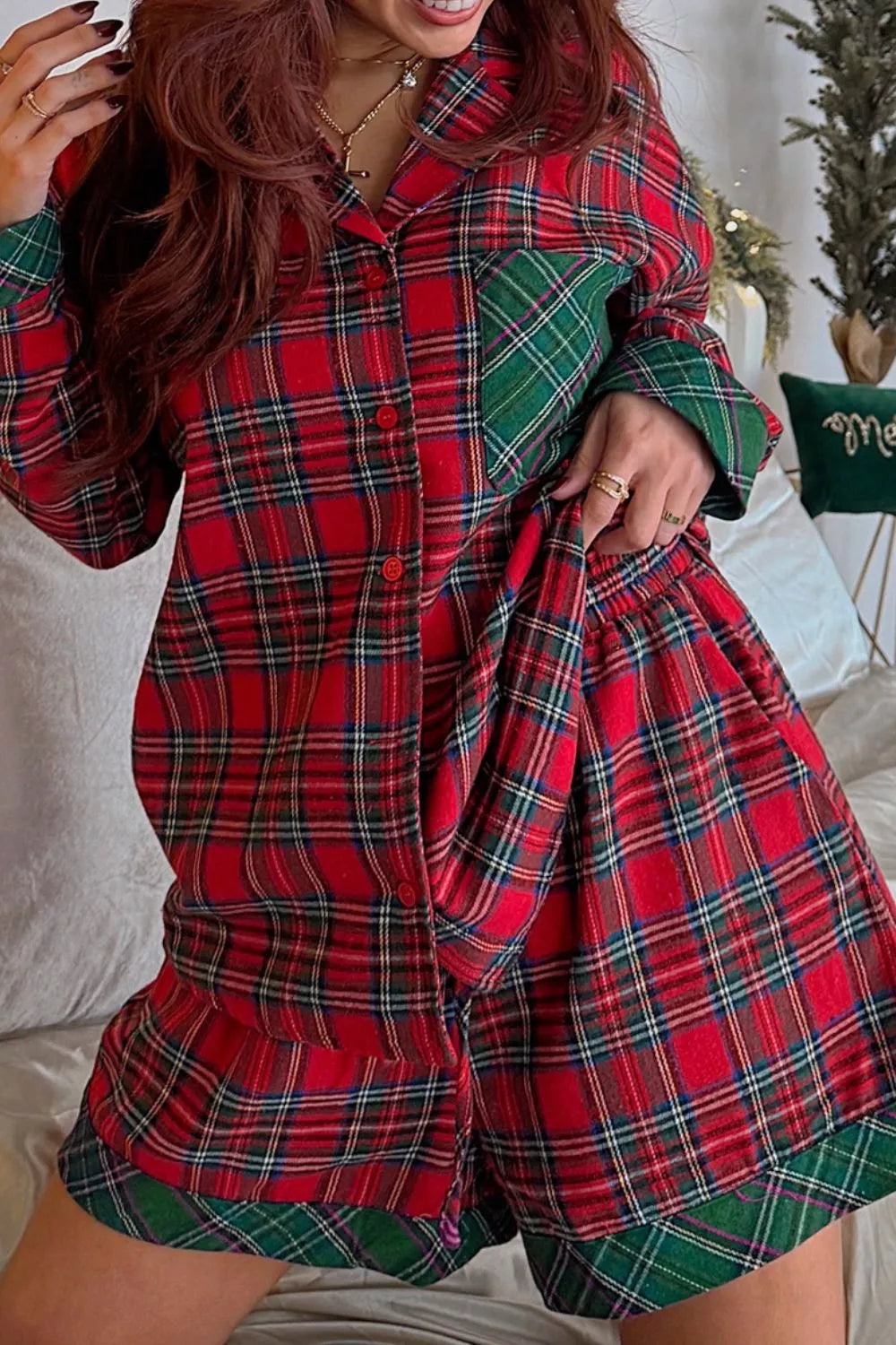 Plaid Contrast Patched Christmas Holiday Long Sleeve Shirt and Short 2pcs Pajama Set OutfitFlow