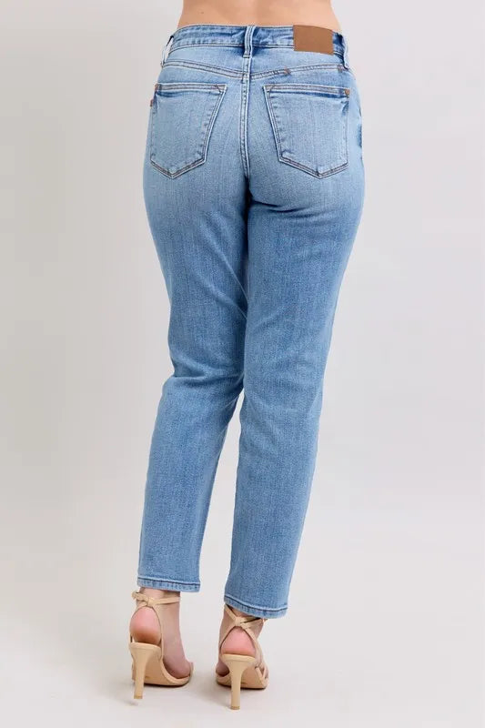 Judy Blue Full Size Mid Rise Vintage Wash Slim Jeans with Cell Phone Pocket Plus Size OutfitFlow