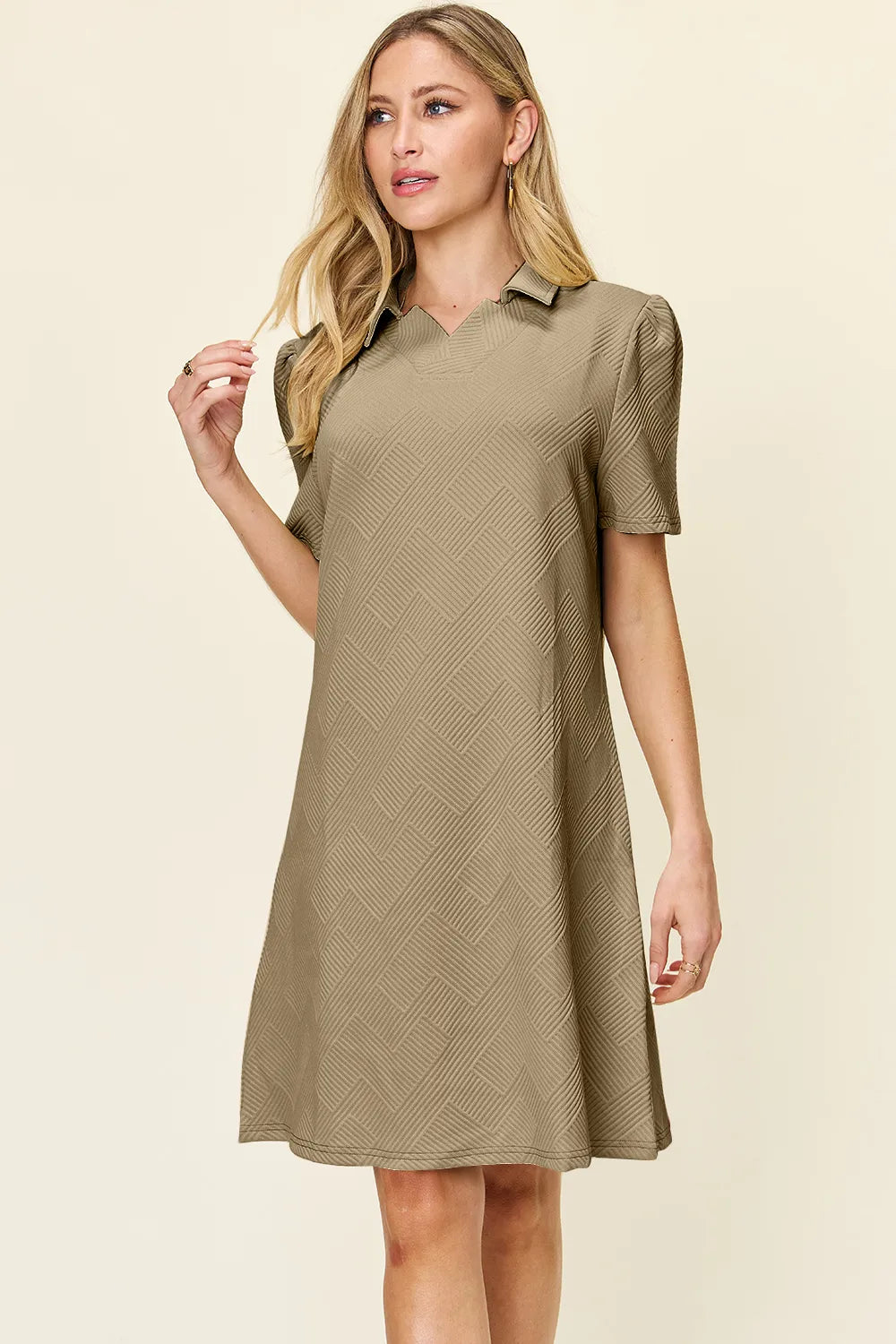 Double Take Full Size Texture Collared Neck Short Sleeve Dress Khaki OutfitFlow