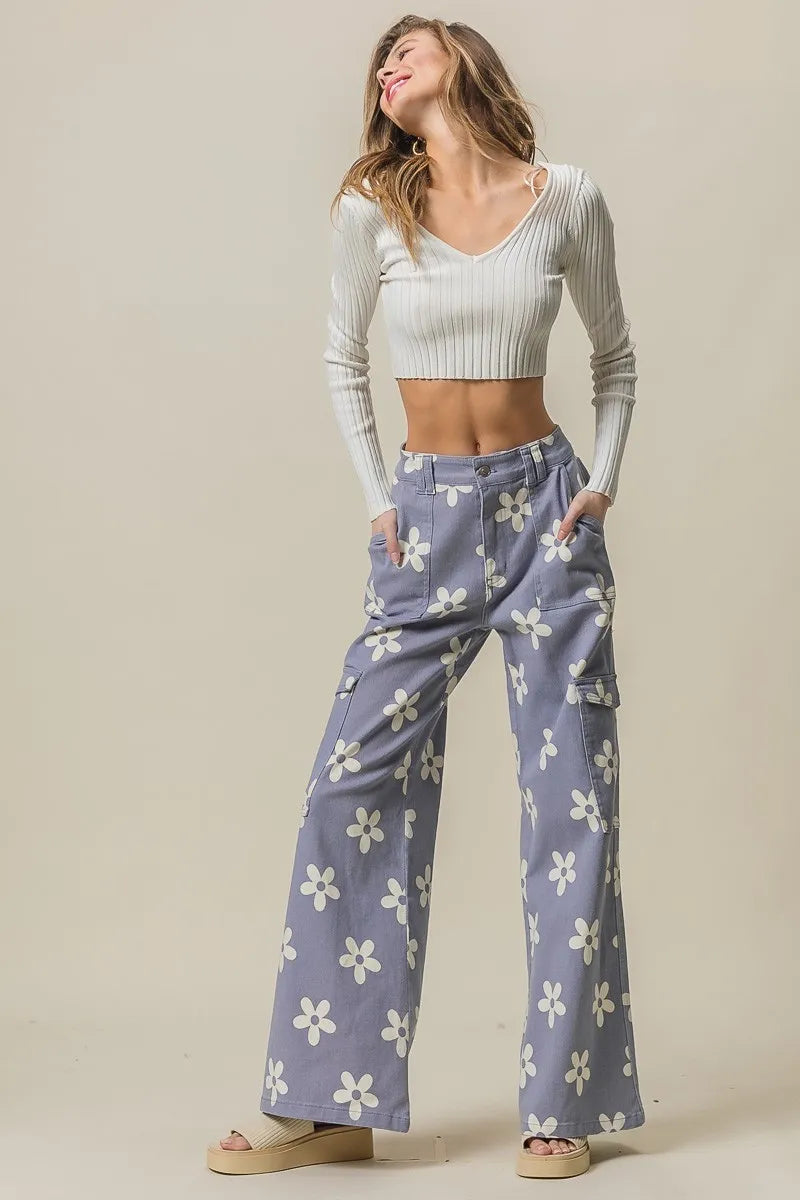 BiBi Flower Printed Side Pocket Wide Pants OutfitFlow