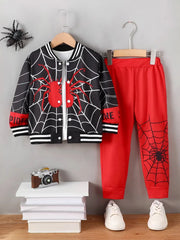 Spider Baseball Collar Top and Pants Set Black Red OutfitFlow