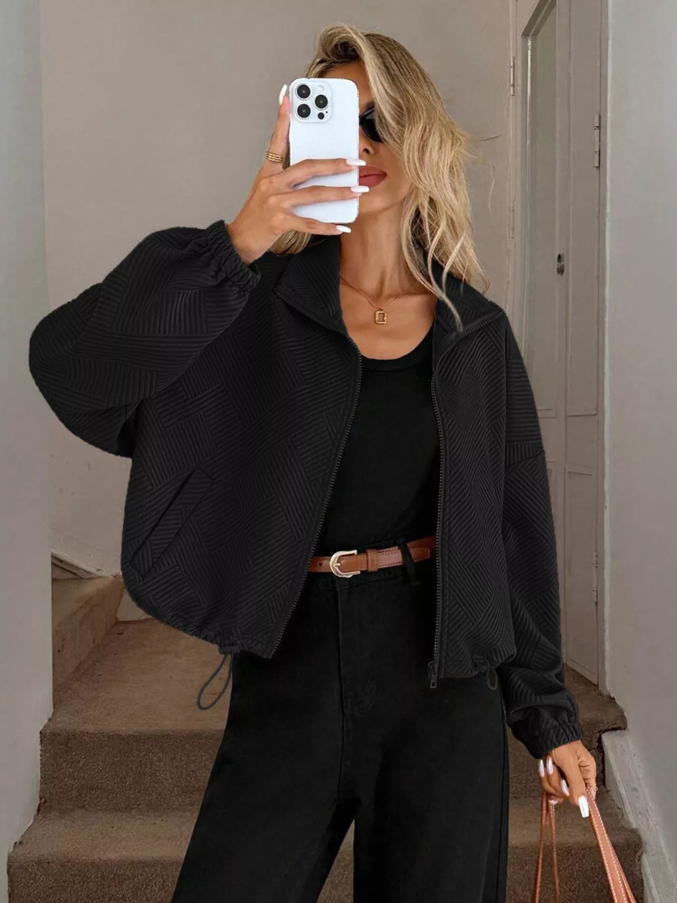 Drawstring Hem Textured Long Sleeve Jacket OutfitFlow
