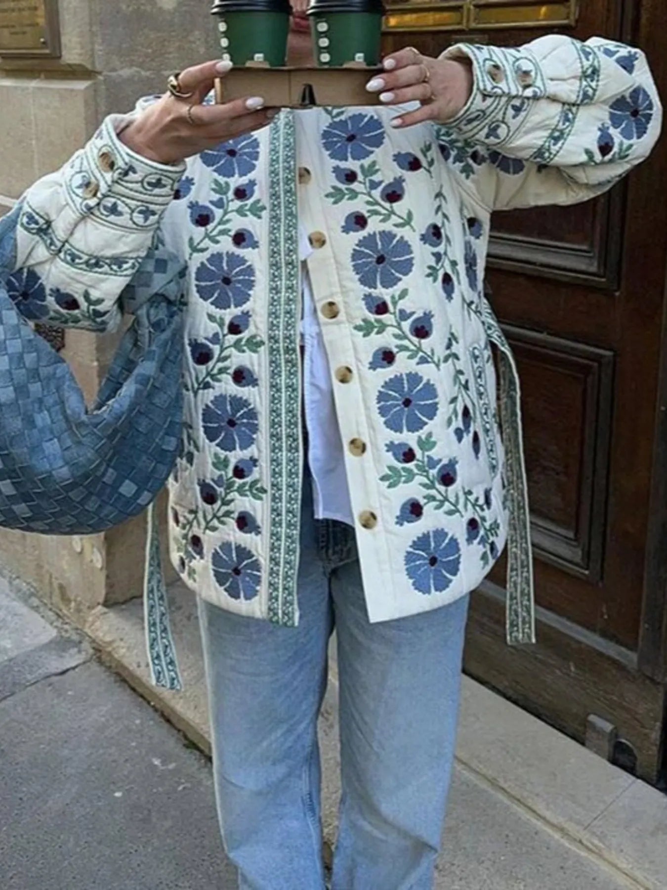 Printed Button Down Long Sleeve Winter Coat OutfitFlow