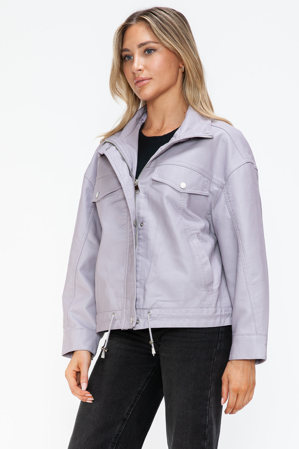 Outfit Flow - How Dare U Drawstring Hem PU Leather Zip Up Jacket