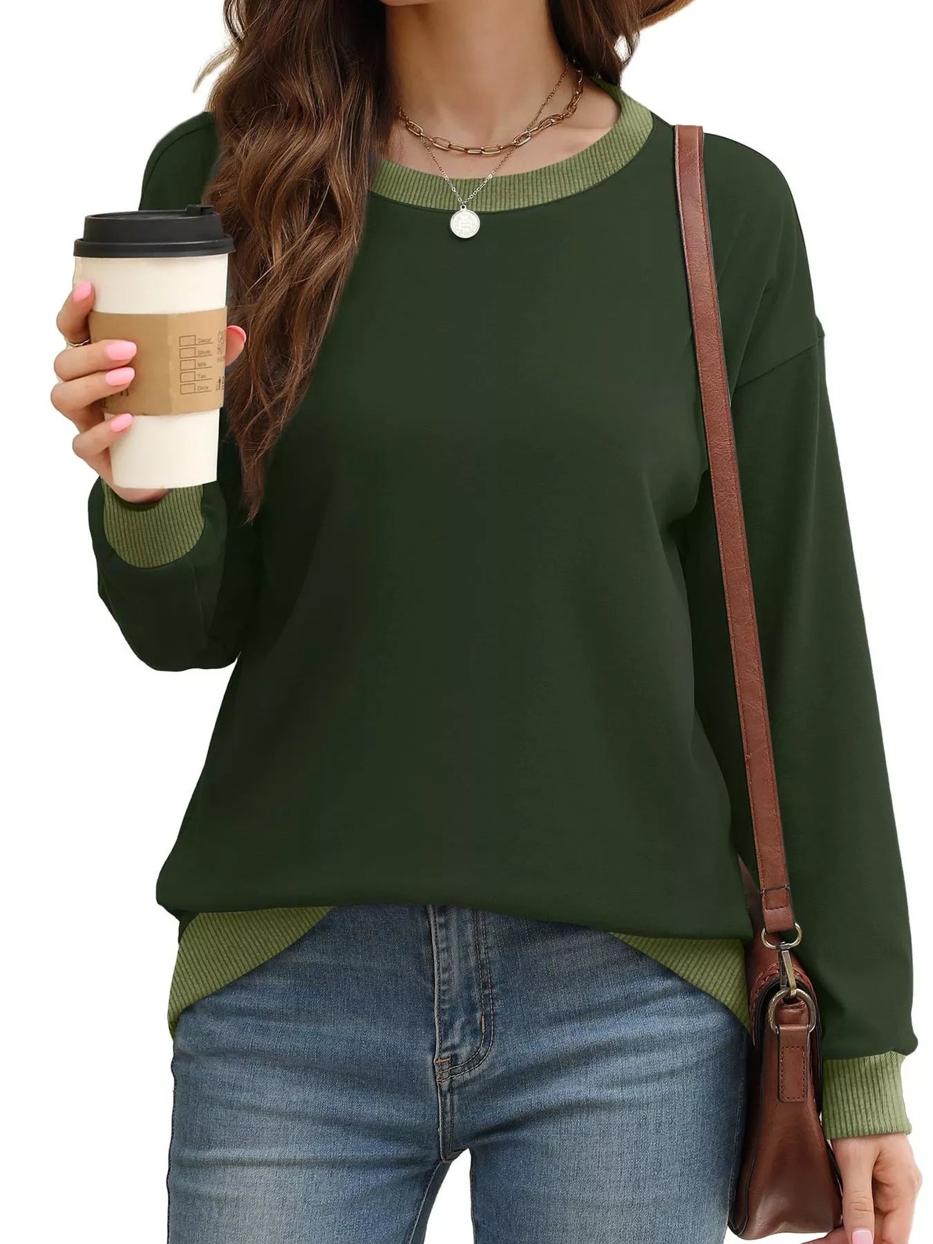 Contrast Trim Crew Neck Casual Sweatshirt OutfitFlow