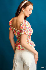 Umgee Floral Smocked Peplum Blouse OutfitFlow