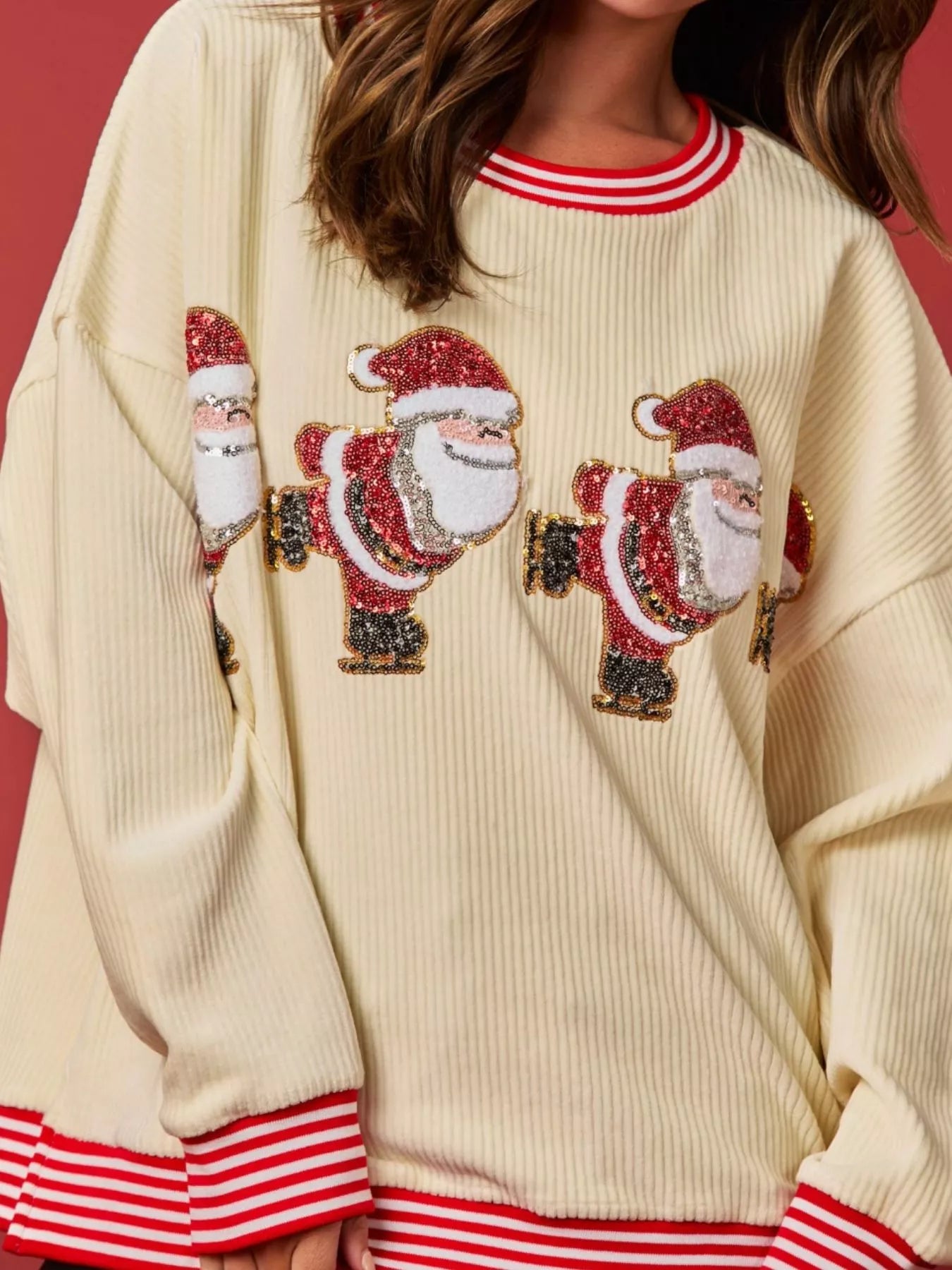 Christmas Sequin Candy Cane and Santa Sweatshirt with Striped Hem OutfitFlow
