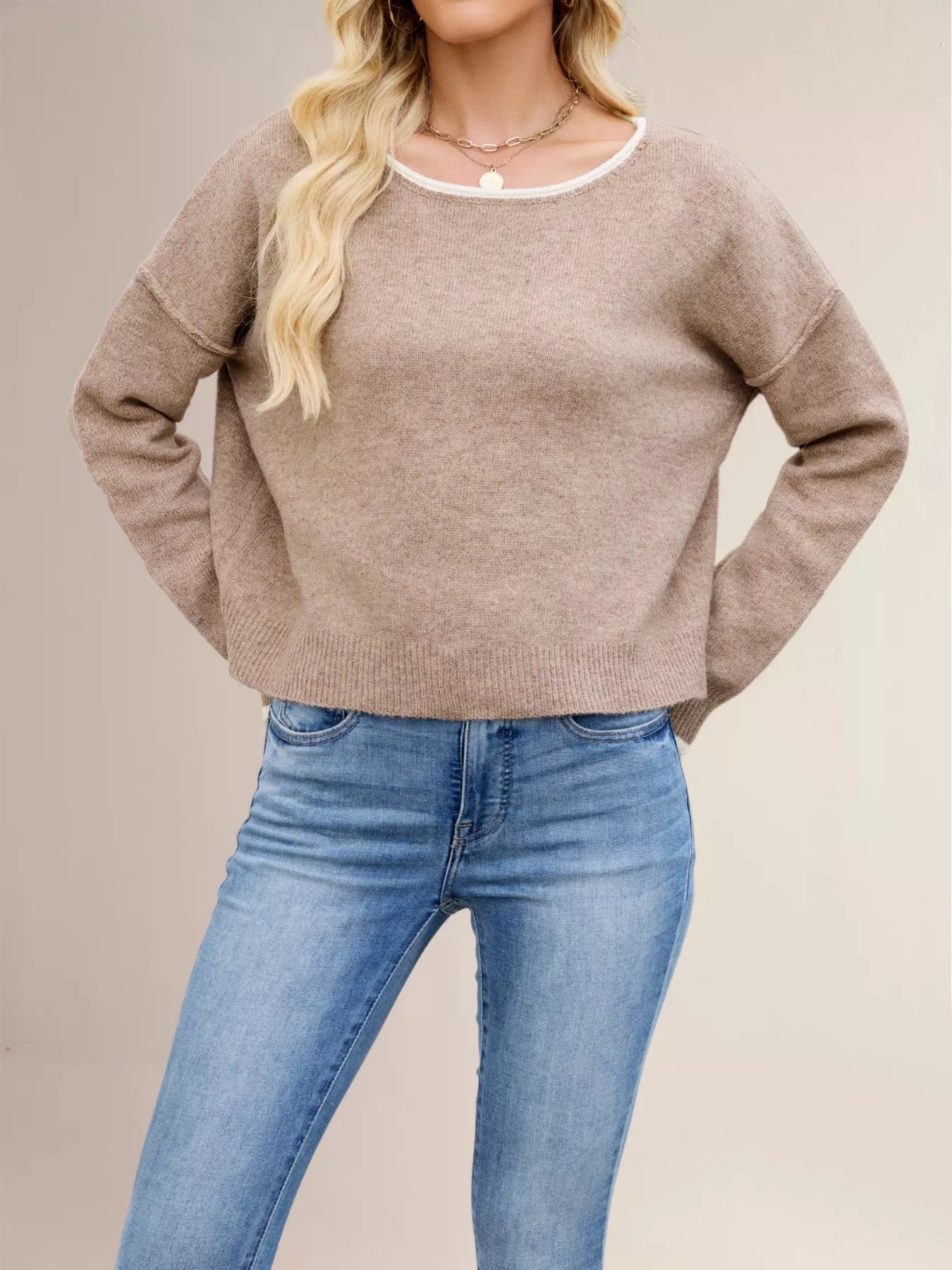 Round Neck Dropped Shoulder Sweater OutfitFlow