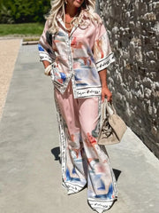 Printed Button Up Top and Pants Set Pink OutfitFlow