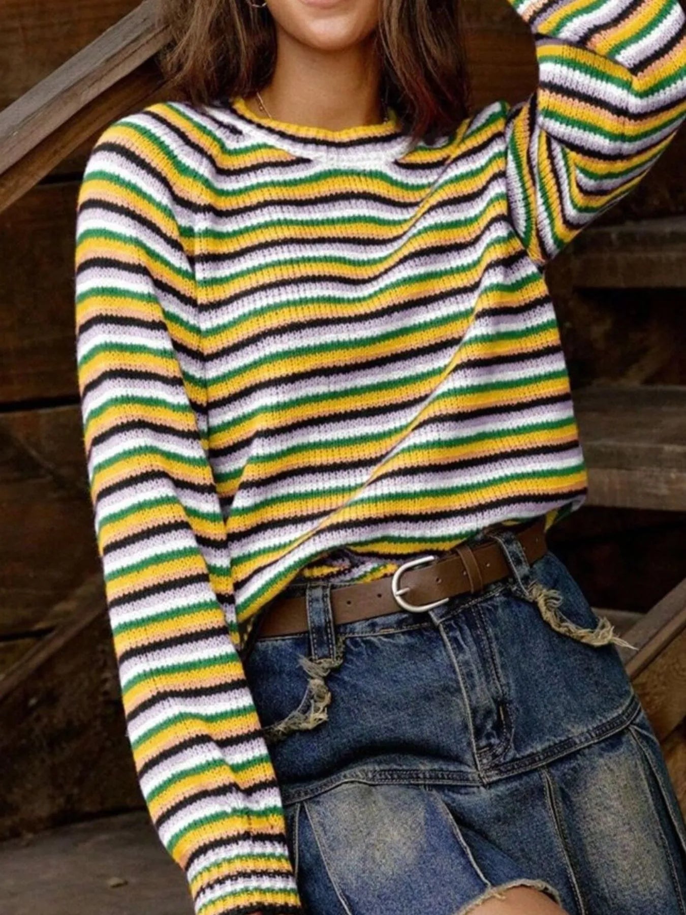 Rainbow Striped Pullover Sweater OutfitFlow