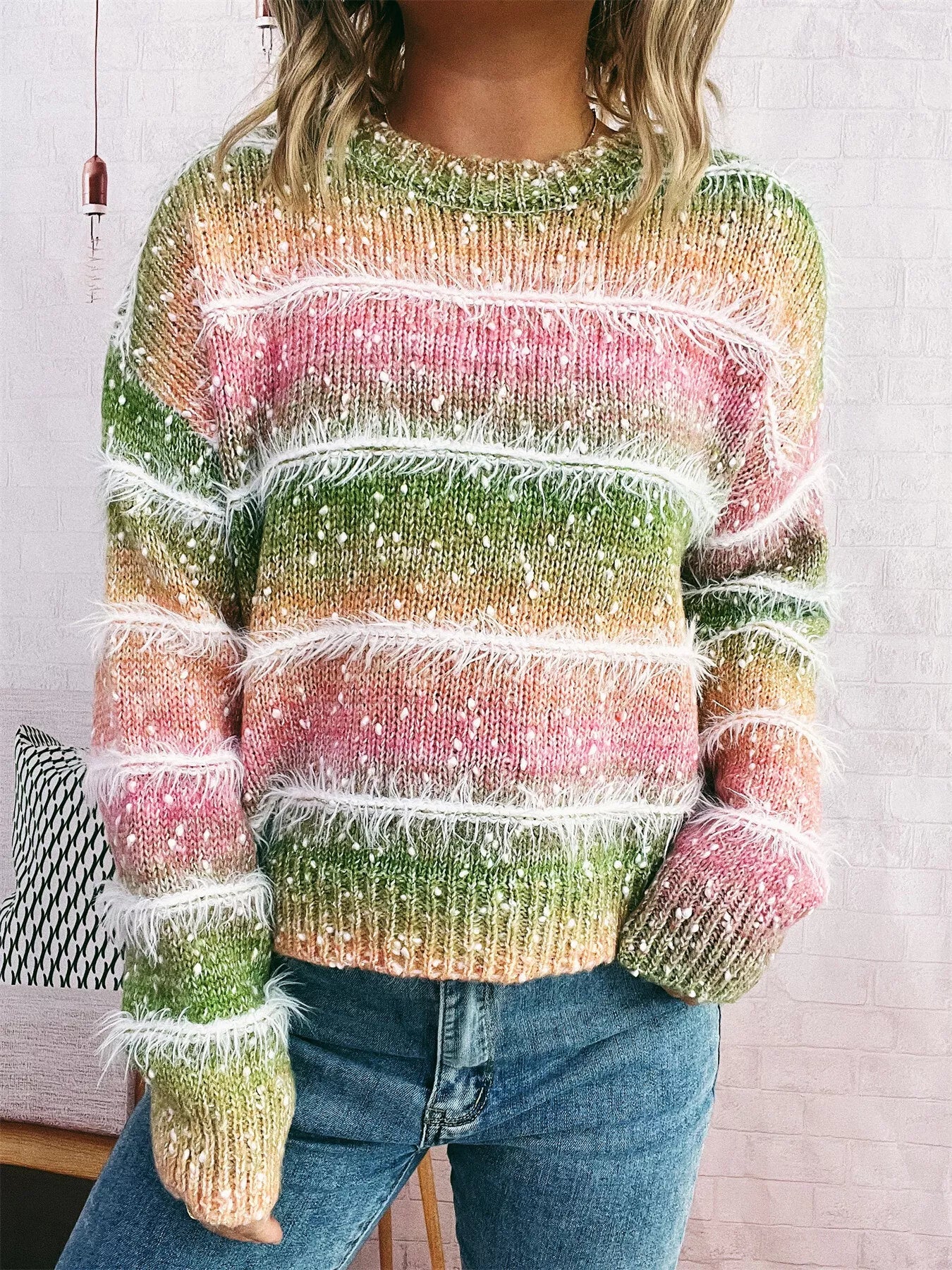 Gradient Striped Round Neck Sweater Green One Size OutfitFlow