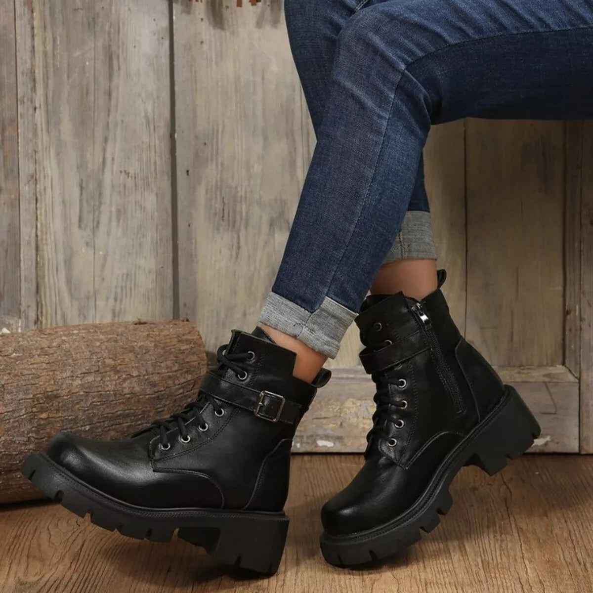Lace-Up Buckle Accent Block Heel Boots Trendsi