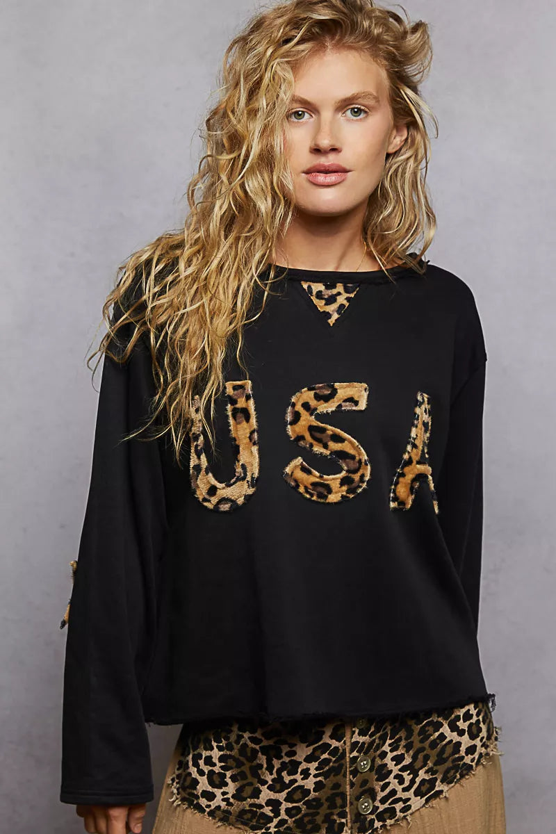 POL Round Neck Long Sleeve French Terry Sweatshirt with USA Letter Animal Patch Black OutfitFlow