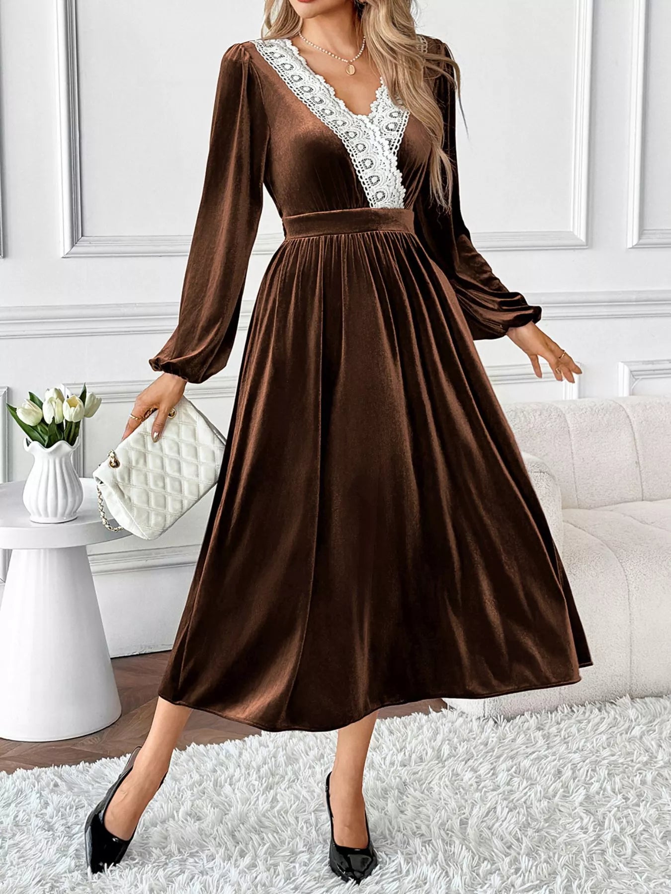 Velvet A-Line Dress with Lace Trim OutfitFlow