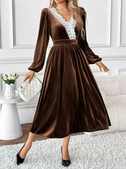 Velvet A-Line Dress with Lace Trim OutfitFlow