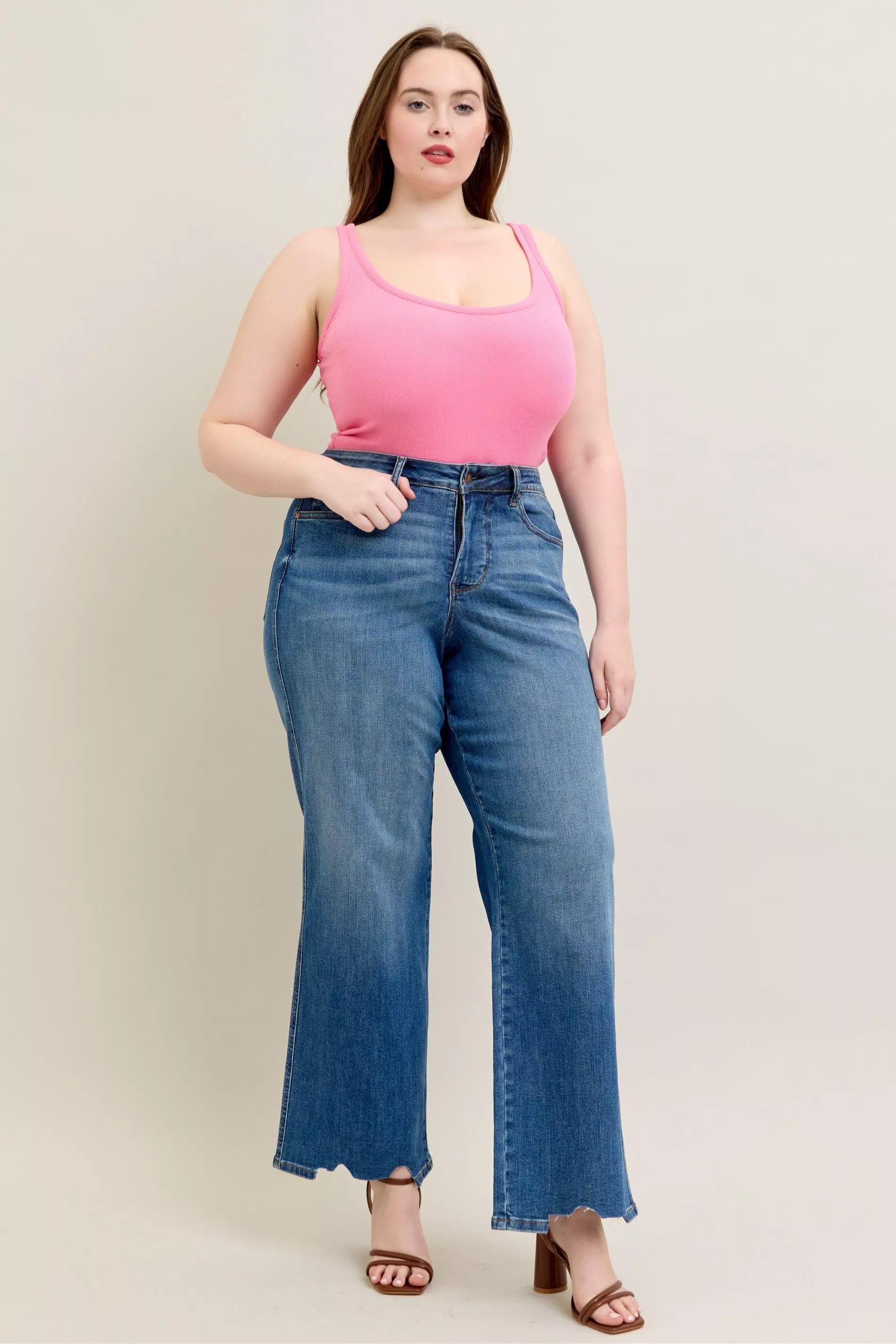 Judy Blue Full Size High Waist Tummy Control Chew Hem Destroy Wide Jeans Plus Size OutfitFlow