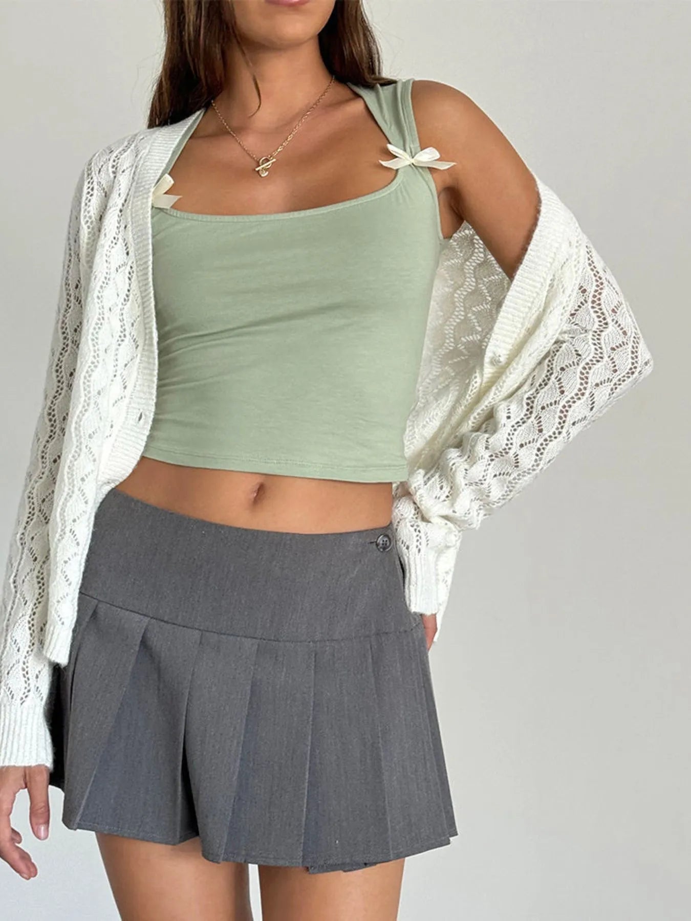 Bow Detail Square Neck Cropped Tank Sage OutfitFlow