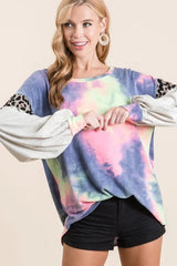 BiBi Tie Dye Terry Top with Contrast Puff Sleeves OutfitFlow
