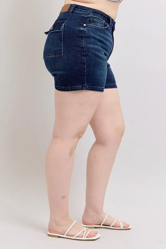 Judy Blue Full Size High Waist Back Flap Pocket Denim Shorts Plus Size OutfitFlow