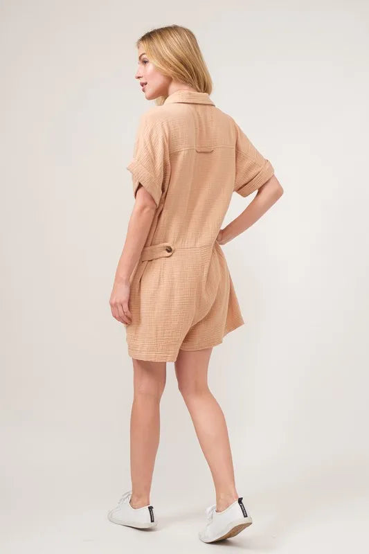 And The Why Washed Gauze Roll-up Sleeve Comfort Utility Romper OutfitFlow