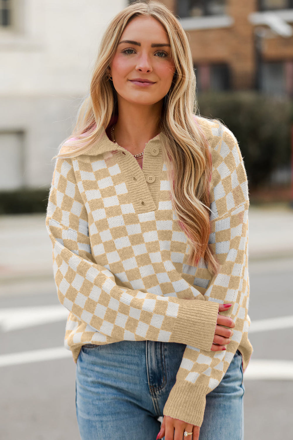 Outfit Flow - Checkered Collared Neck Long Sleeve Sweater