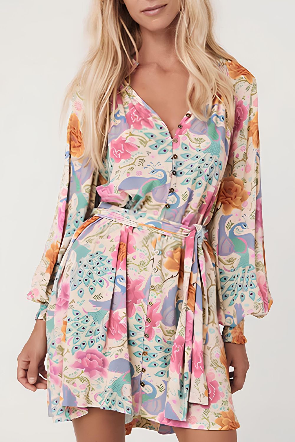 Printed Notched Lantern Sleeve Dress Floral OutfitFlow
