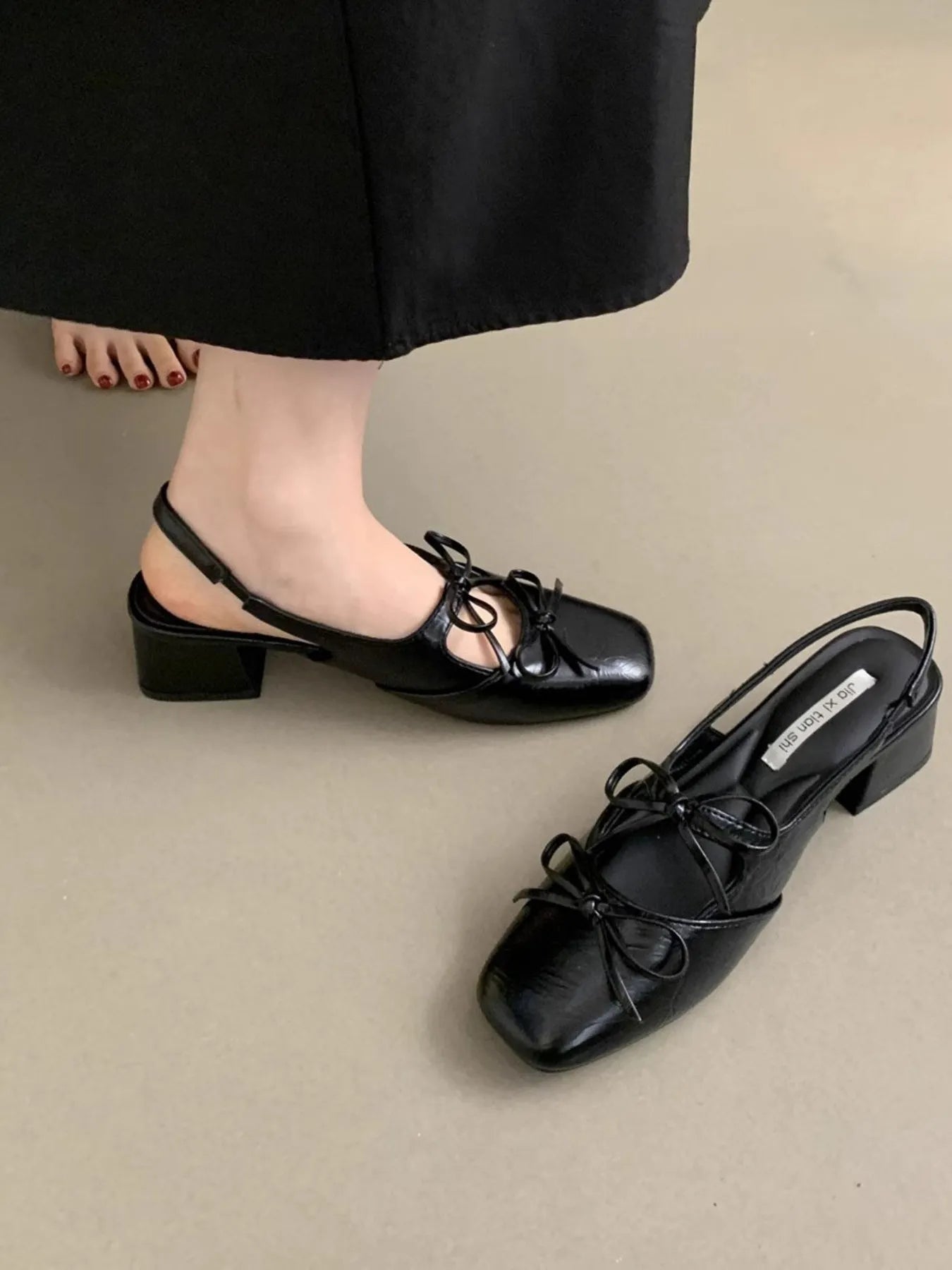 Square Toe Bow-Tie Slingback Ballet Shoes OutfitFlow