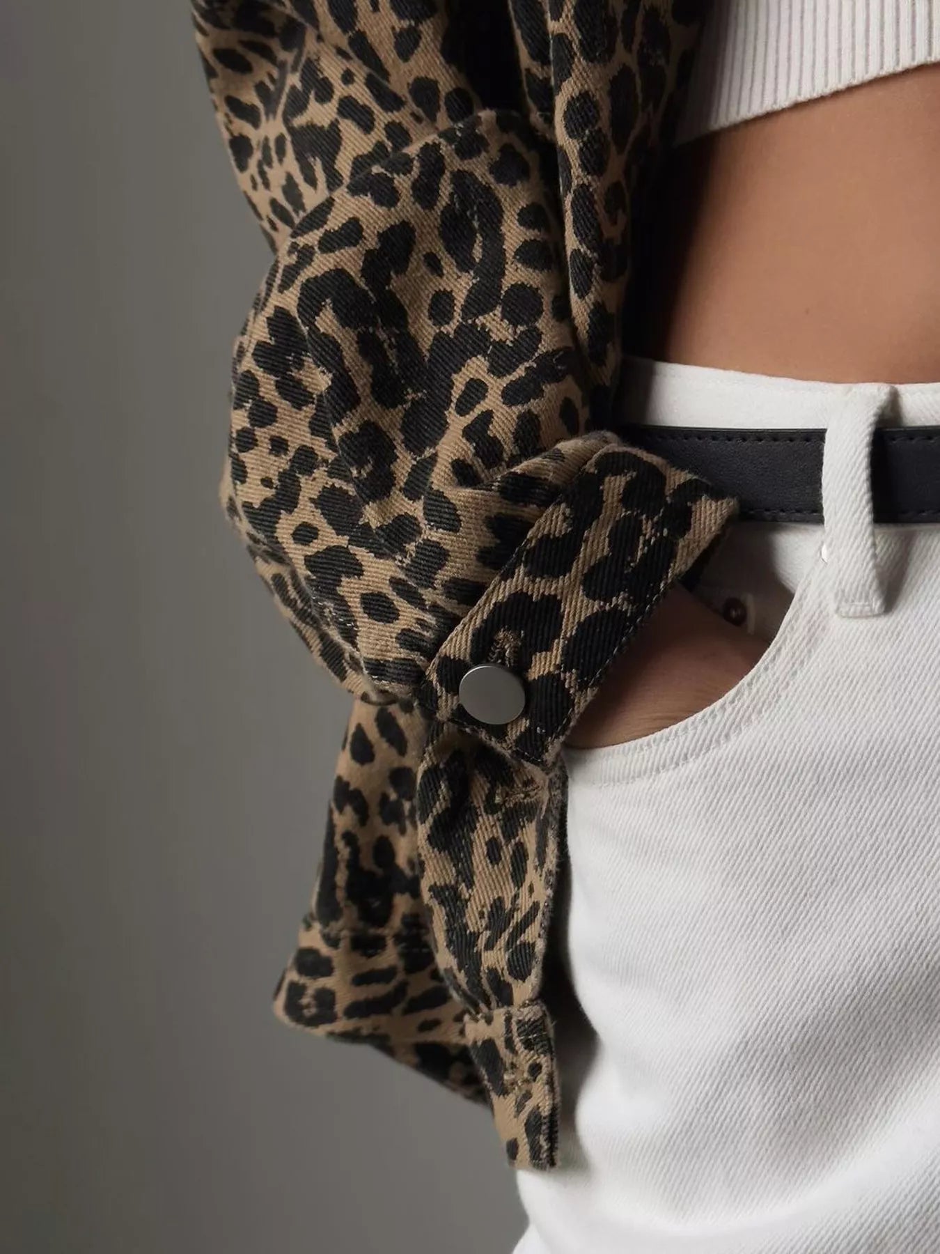 Leopard Button Up Long Sleeve Denim Jacket OutfitFlow