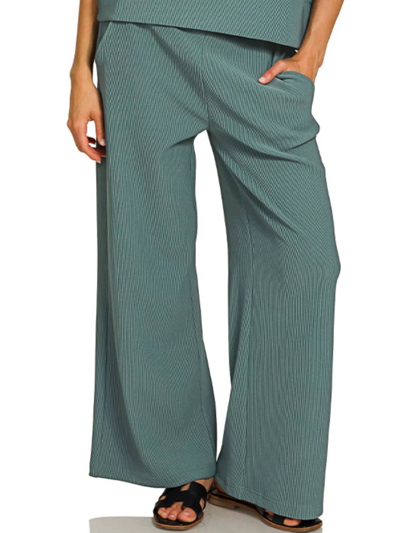 Zenana Ribbed Round Neck Tee & Pants Set OutfitFlow