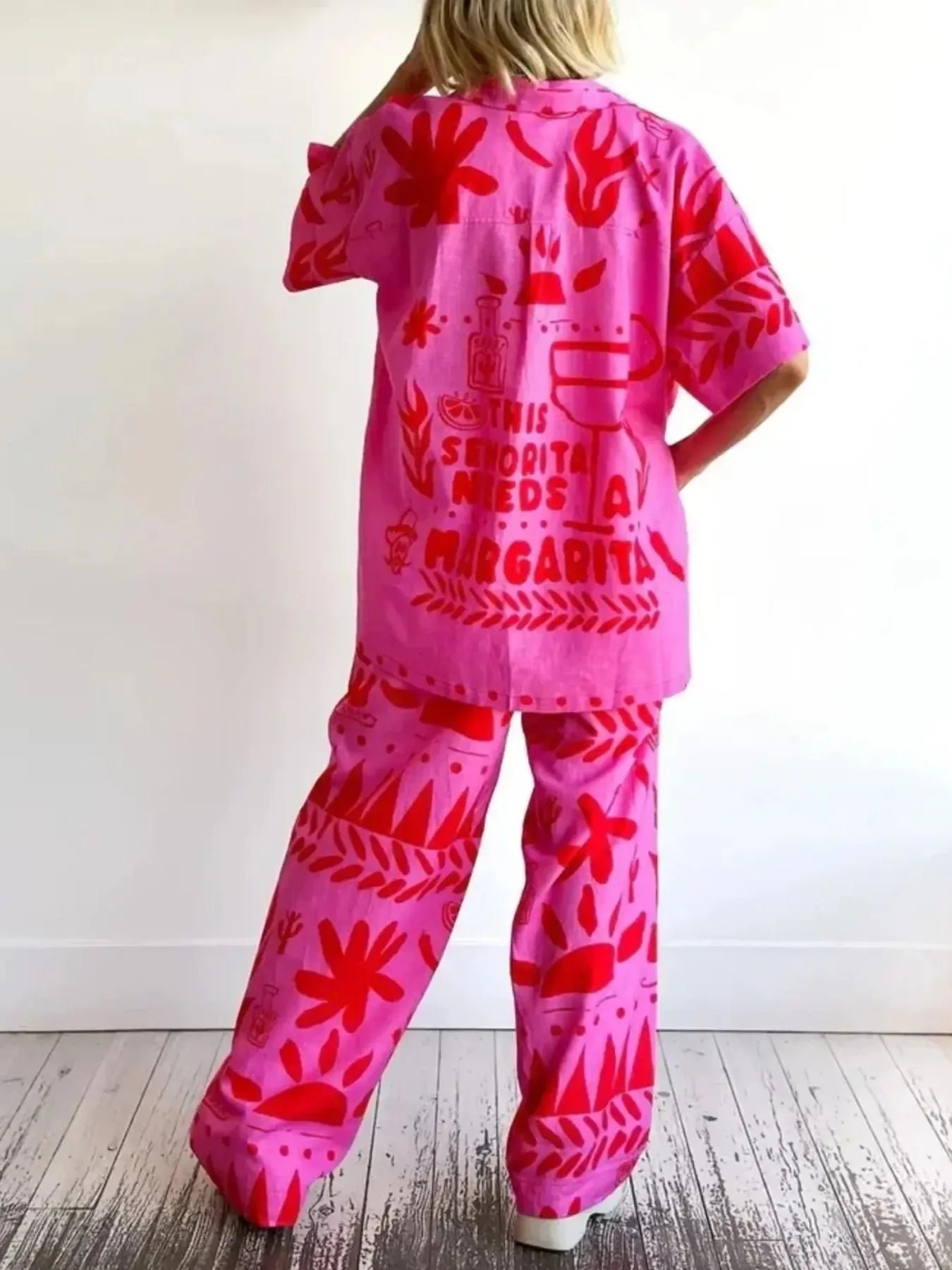 Printed Button Up Shirt and Pants Set OutfitFlow