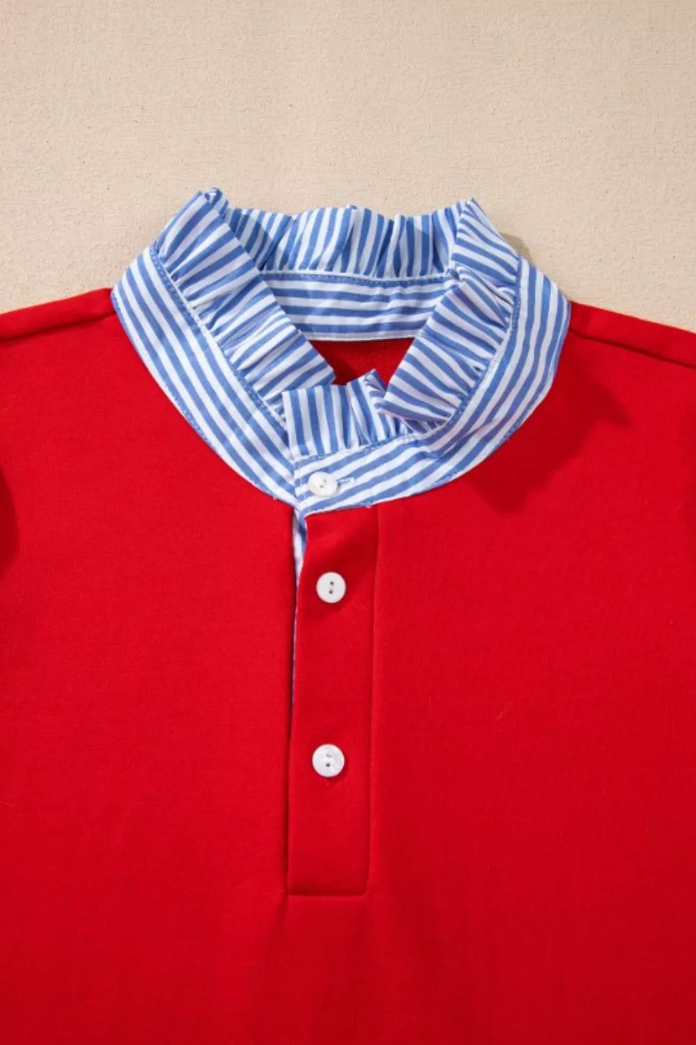 Contrast Striped Collar Patchwork Puff Sleeve Ruffle Hem Mini Dress OutfitFlow