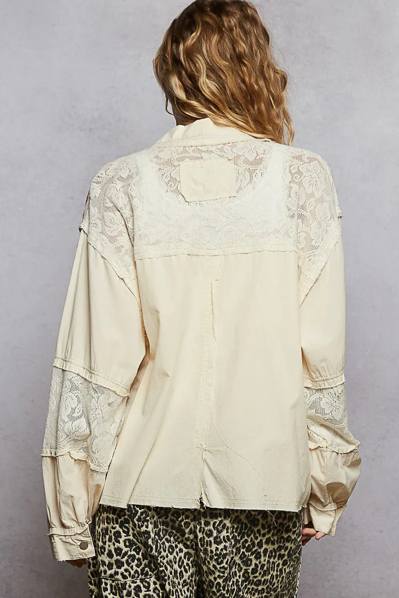 POL Printed Woven Mix Raw Hem Jacket with Lace Detail OutfitFlow
