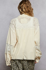 POL Printed Woven Mix Raw Hem Jacket with Lace Detail OutfitFlow