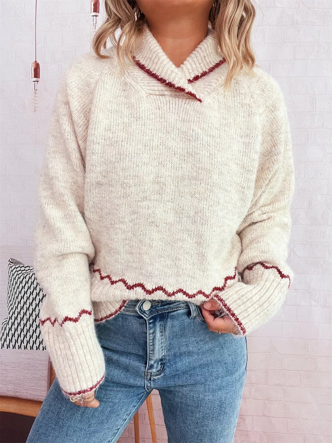 Ribbed Contrast Trim Long Sleeve Sweater OutfitFlow