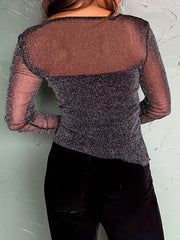 Metallic Glitter Mesh Long Sleeve Top OutfitFlow