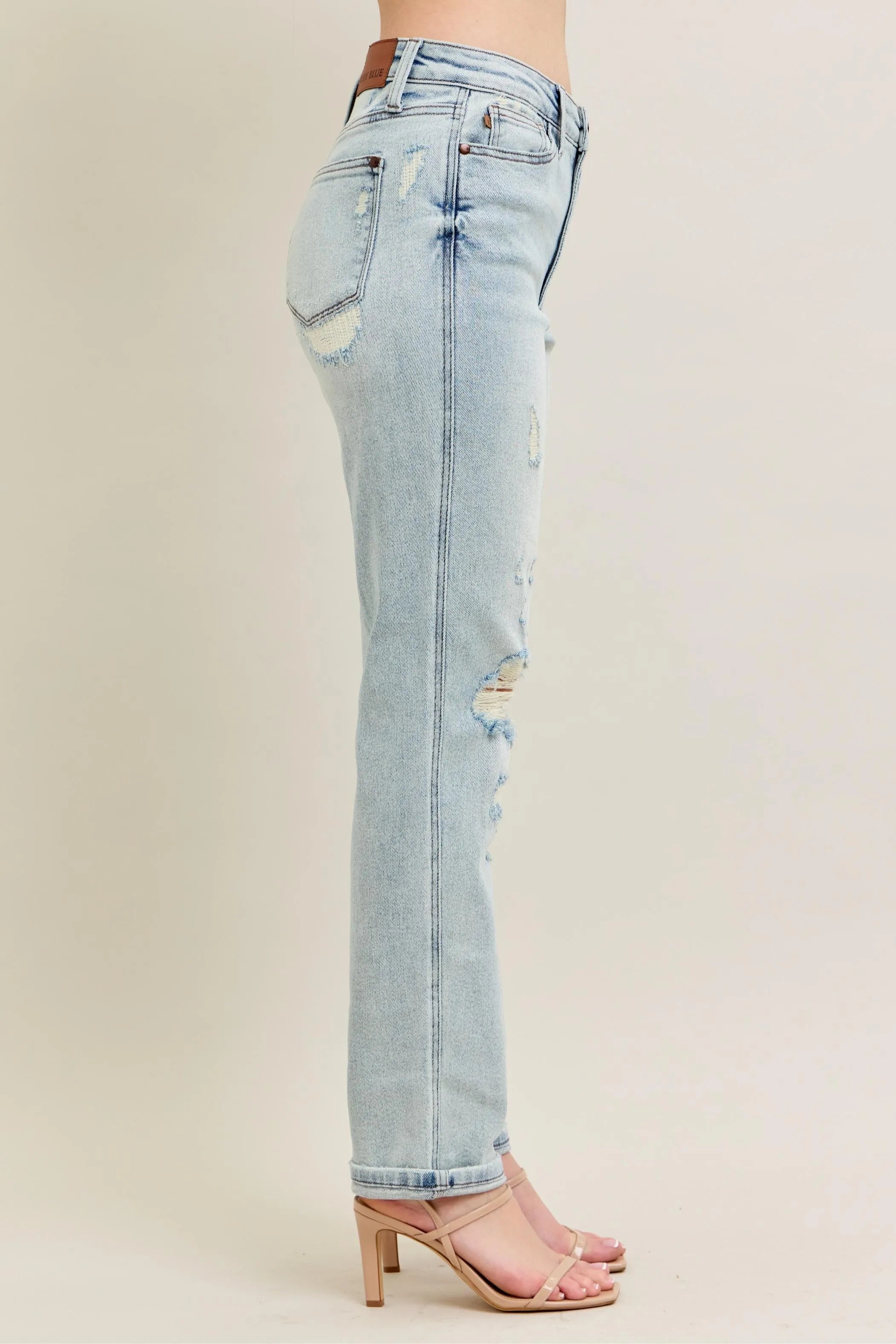 Judy Blue Full Size Mr Repair Stitch Detail Destroy Single Cuff Bf Jeans Plus Size OutfitFlow