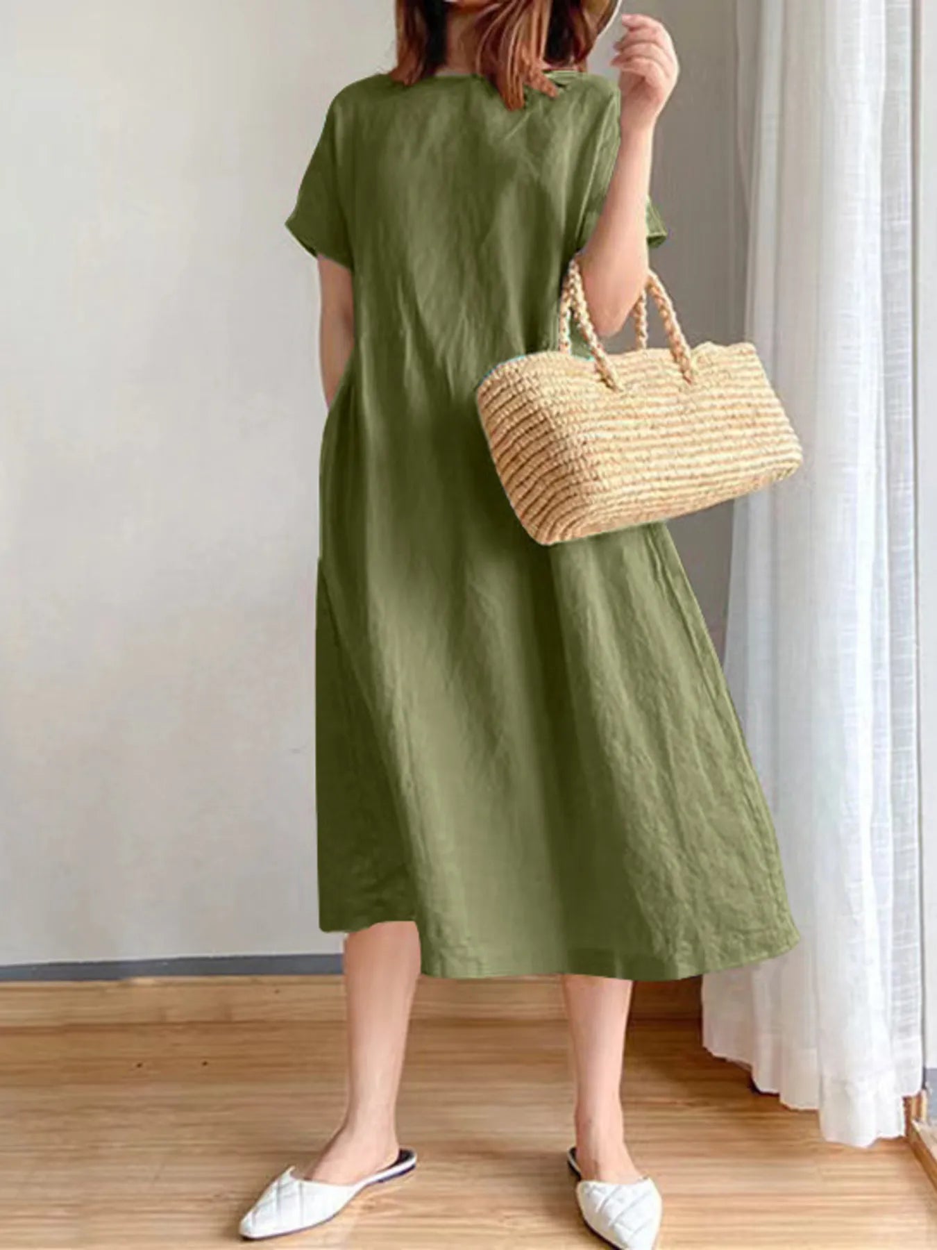 Full Size Casual Round Neck Midi Dress Plus Size Army Green OutfitFlow